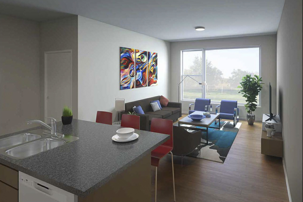 Woodhill Station West Phase One - interior kitchen - living room rendering
